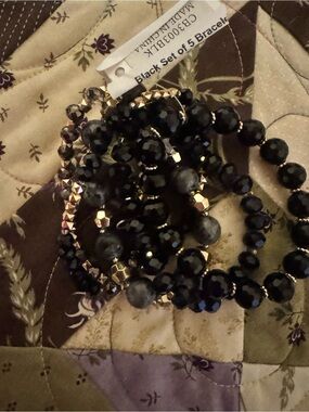 Black Beaded Stretch Bracelet Set with Gold Accents - Women Jewelry